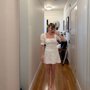 Reformation White Linen Puffy Sleeve Dress w/ Lace Detailing